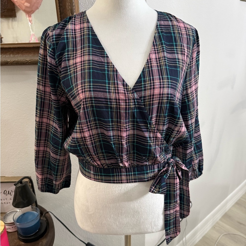 Blu Pepper Pink and Teal Plaid Wrap Blouse